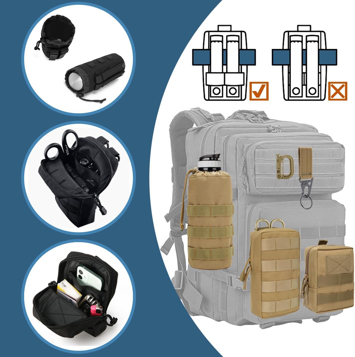 Detalle de MUCHER 3er Pack Molle Tasche – Taktische Hüfttaschen, EDC Utility Bauchtasche mit 3 Haken und Schlüsselanhänger