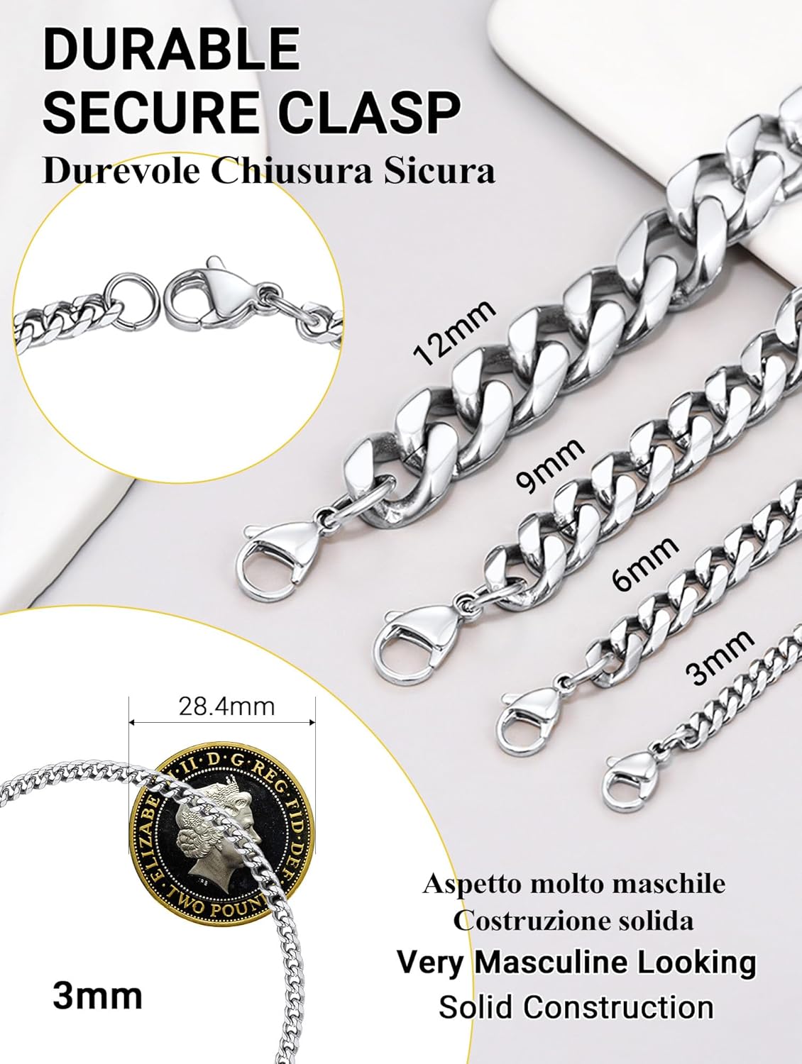 Thumbnail 4 de PROSTEEL Bracciale da uomo a catena cubana (acciaio inossidabile/18K placcato) larghezza 3/4/6/9/10/12 mm