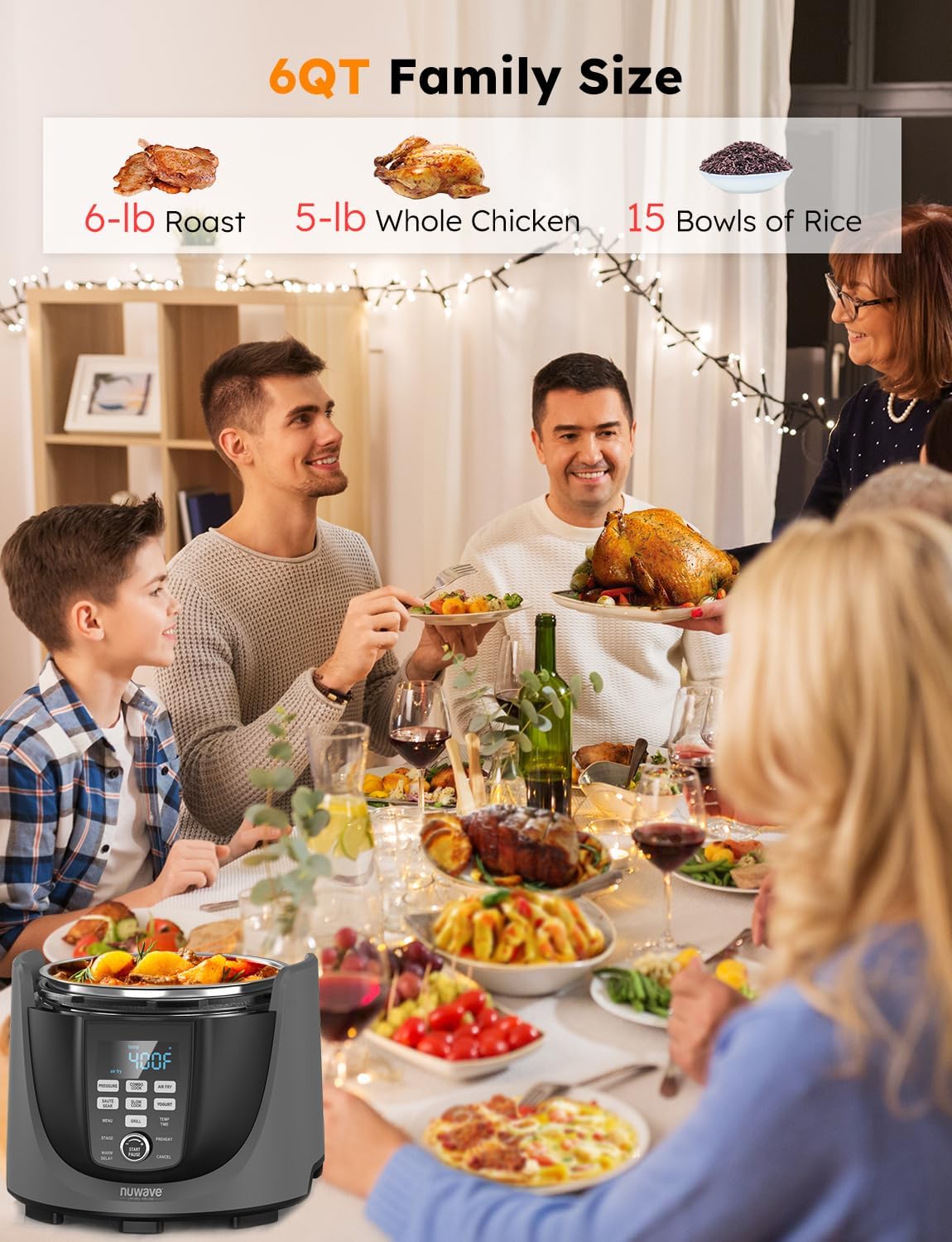 Detalle 2 de Nuwave Duet Air Fryer, Electric Pressure Cooker & Grill Combo (540 1 Multicooker, 3 Removable Lids, 18/10 SS Pot)