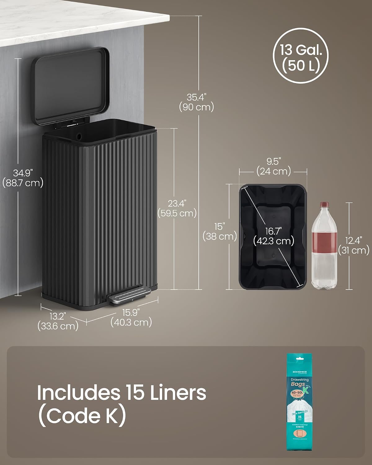 Thumbnail 6 de SONGMICS ULTB586BZ01 13-Gallon Stainless Steel Kitchen Trash Can, Ink Black