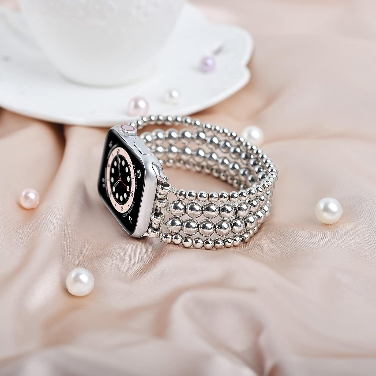 Detalle de MOFREE C-AP38-YZ-SL Beaded Apple Watch Band, Silver Stretch Bracelet