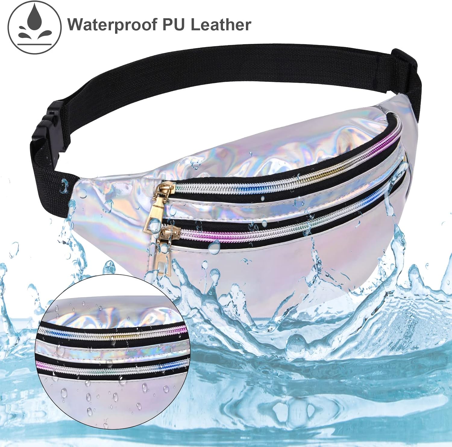 Detalle de flintronic® Sac banane holographique imperméable en cuir PU, multi-poches et ajustable