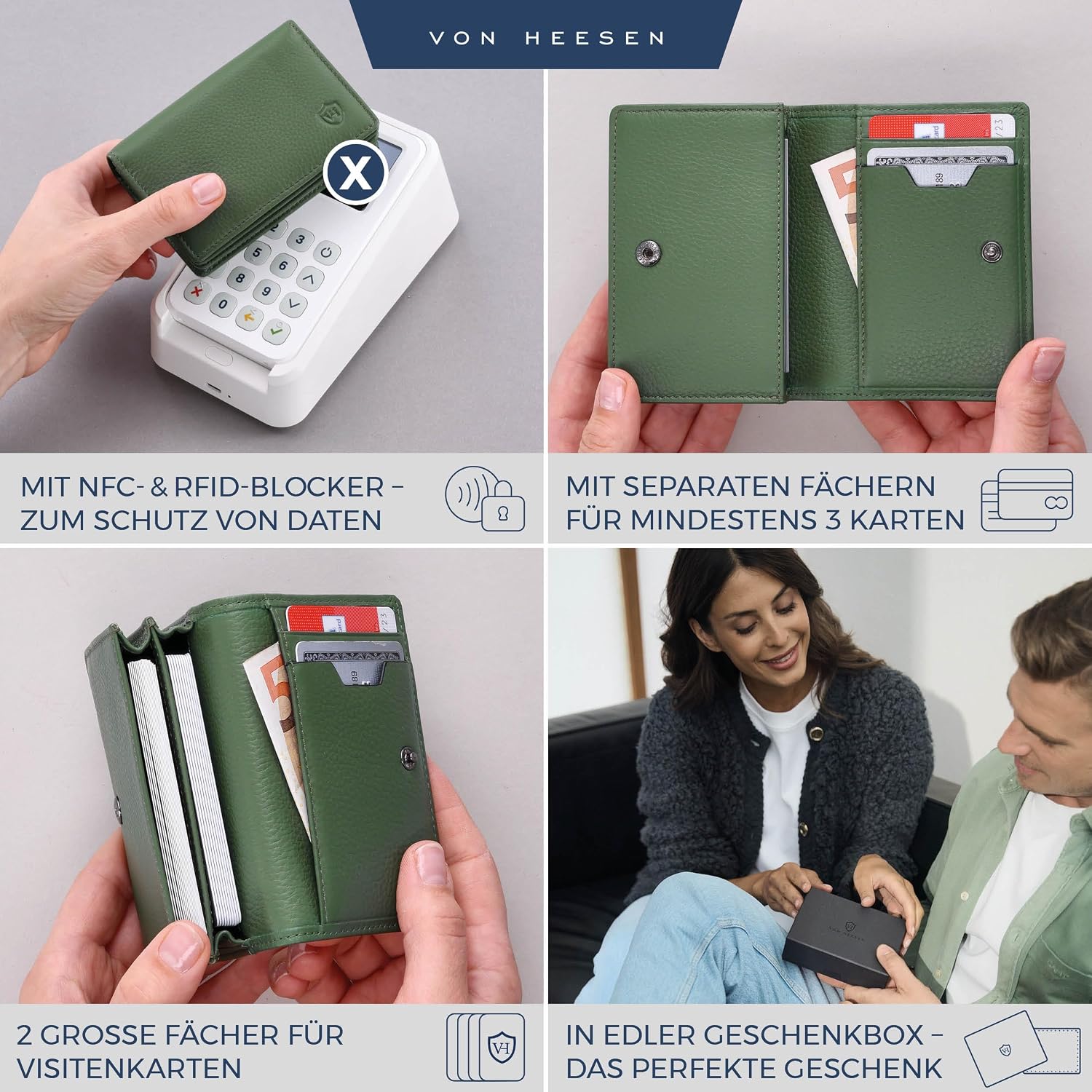 Detalle de VON HEESEN Visitenkartenetui Leder mit RFID-Schutz – Grün, 50 Karten, 6 Fächer