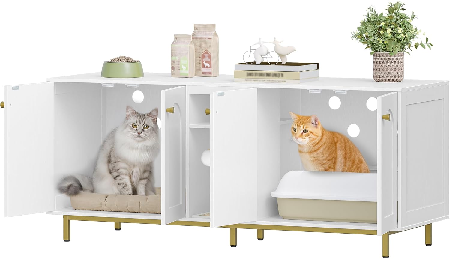 Thumbnail 2 de Hzuaneri Meuble litière pour 2 chats CB86513A (140 x 48 x 62 cm) blanc et or