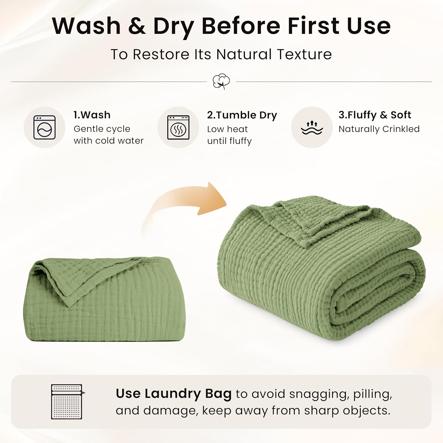 Detalle de Love's Cabin 100% Cotton Muslin Blanket (6-Layer) – King Size, Sage Green, Lightweight Gauze