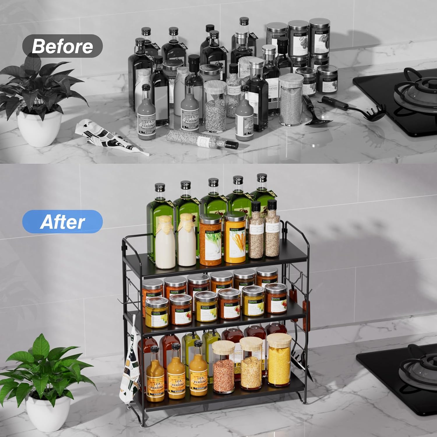 Thumbnail 3 de AHOMSEL 3-Tier Adjustable Height Spice Rack (L40 x W15 x H42cm) – multi-purpose countertop organiser
