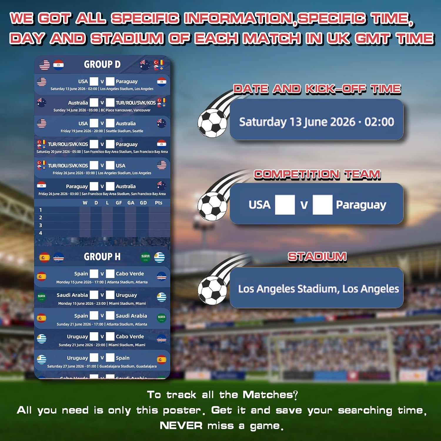 Detalle de AhfuLife World Cup Football Wall Chart 2026 (A2) – Party Decor & Match Calendar