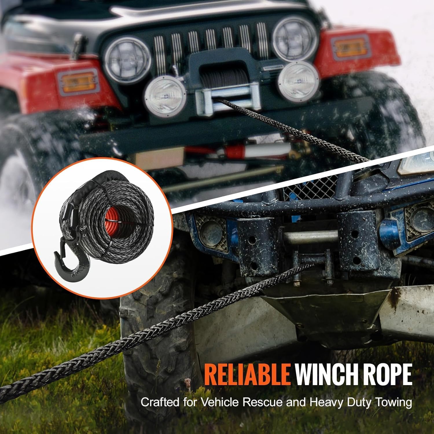 Thumbnail 5 de VEVOR 3/8 in x 100 ft Synthetic Winch Rope with Protective Sleeve, Hook & Pull Strap — 26,500 lbs Break Strength