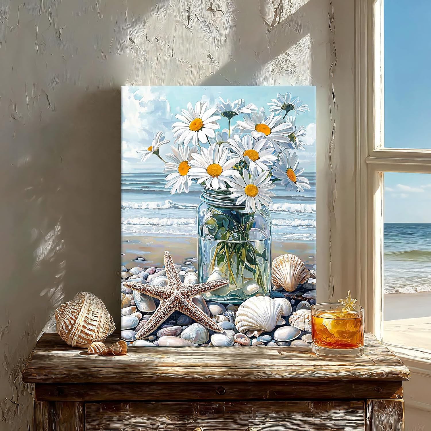 Detalle 2 de Beach White Flowers in the Vase Framed Canvas Wall Art (30×40cm)