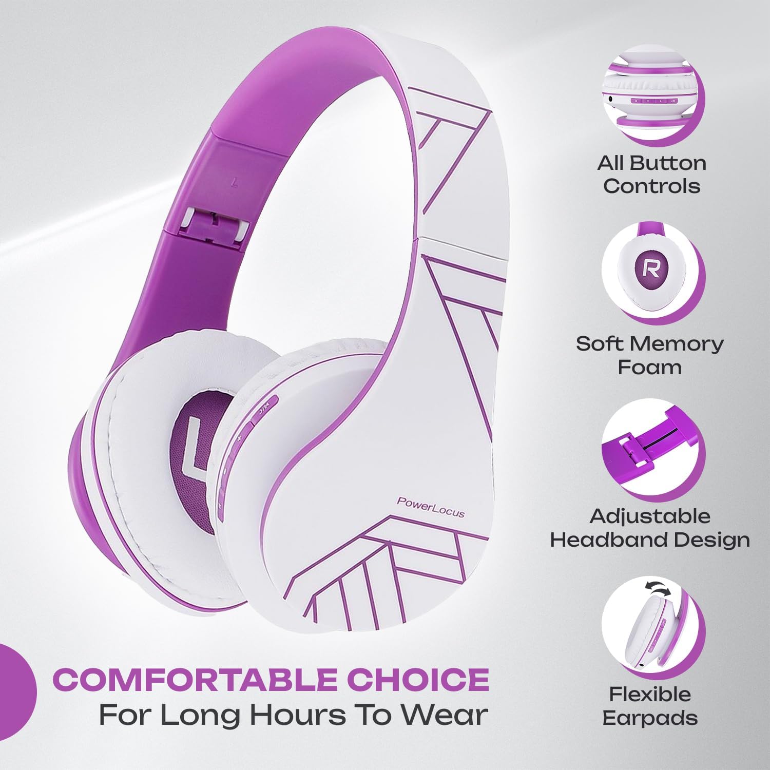Detalle de PowerLocus Bluetooth Over-Ear Headphones (Wireless & Wired) with Mic, Micro SD/TF and FM – White/Violet