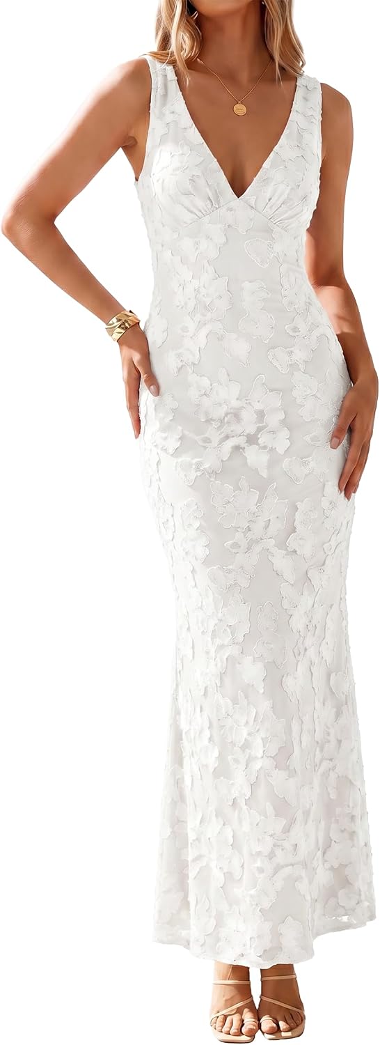 Detalle de BORIFLORS Women's Floral Mesh Bodycon Maxi Dress, V-Neck Sleeveless