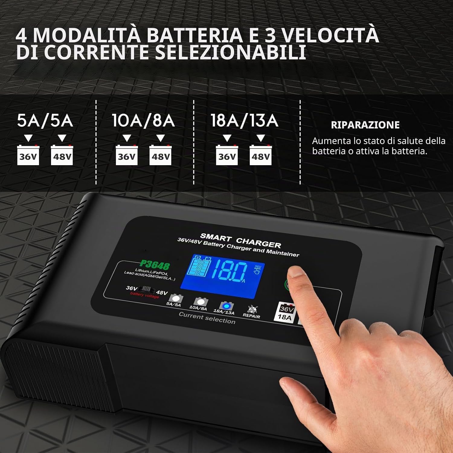 Detalle de Haisito Caricabatterie automatico P3648 36V/48V: ricarica intelligente per batterie LiFePO4 e al piombo
