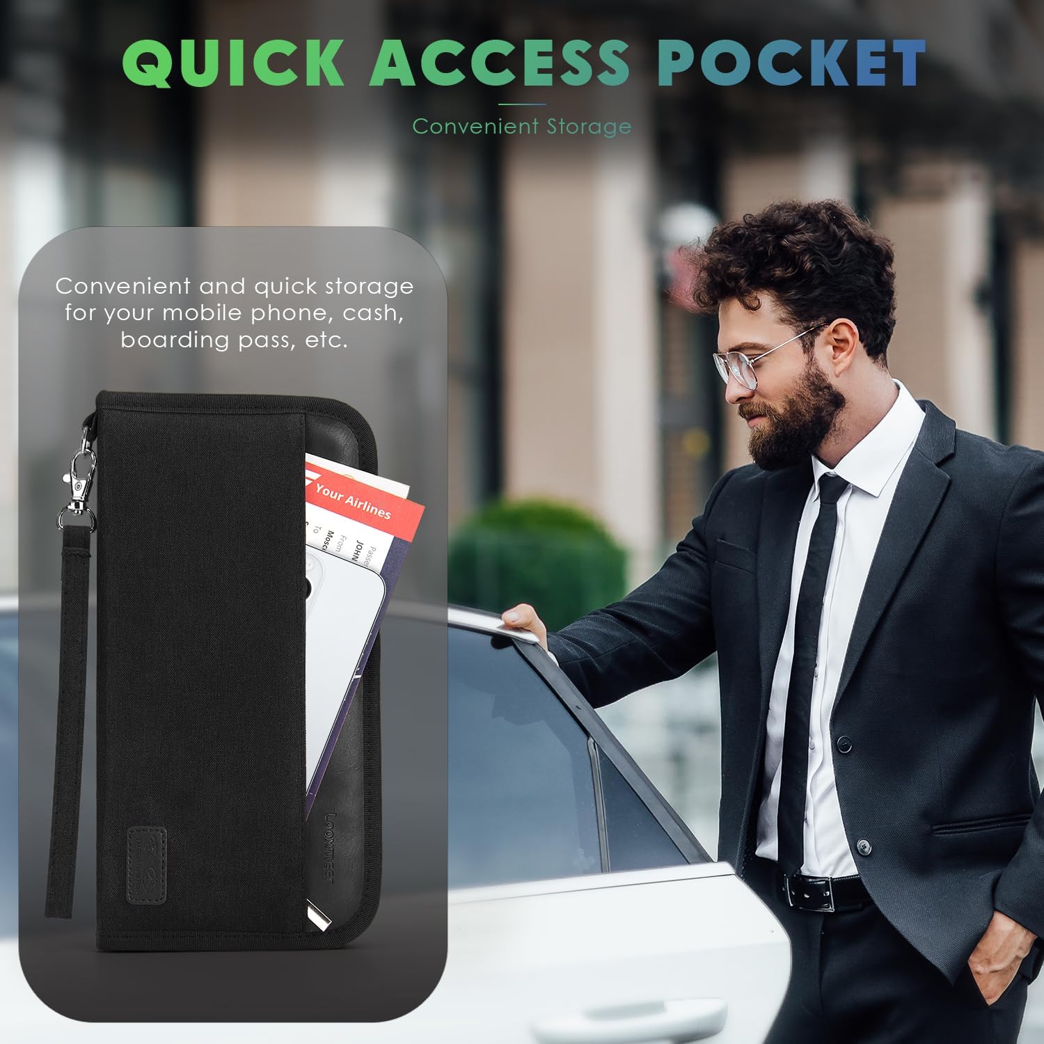 Detalle de Looxmeer Familien-Reisepass-Tasche mit RFID-Blocker und Wasserschutz, 25 × 13 × 2 cm – Reisepasshülle für Dokumente & Karten (Ganz Schwarz)