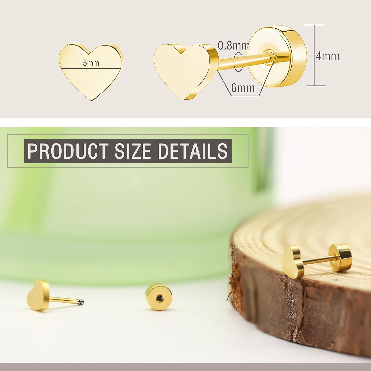 Detalle 2 de ZDE Titan Damen Flat Back Herz-Ohrstecker aus G23-Titan – nickelfrei, hypoallergen, 5 mm