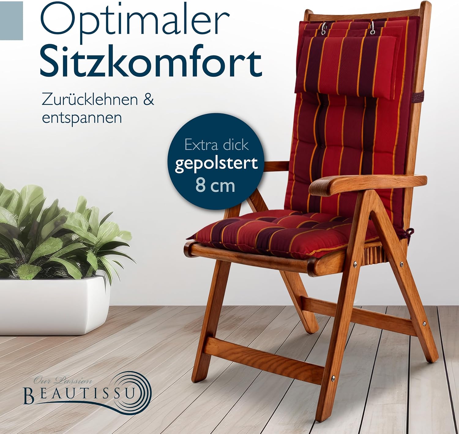 Detalle de Beautissu 5er Set Premium Hochlehner Auflage Kopfpolster 120x50 cm Sun-HL – 8 cm Polster, rutschfest, UV-beständig