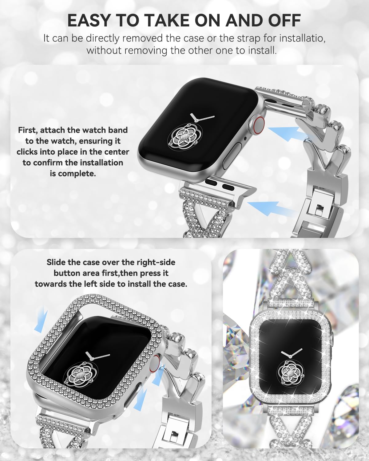 Thumbnail 3 de Rhinestones Encrusted Metal Bracelet and Case for Apple Watch 38–49mm (Series 11/10/1/SE/Ultra 2) – Bling Gold