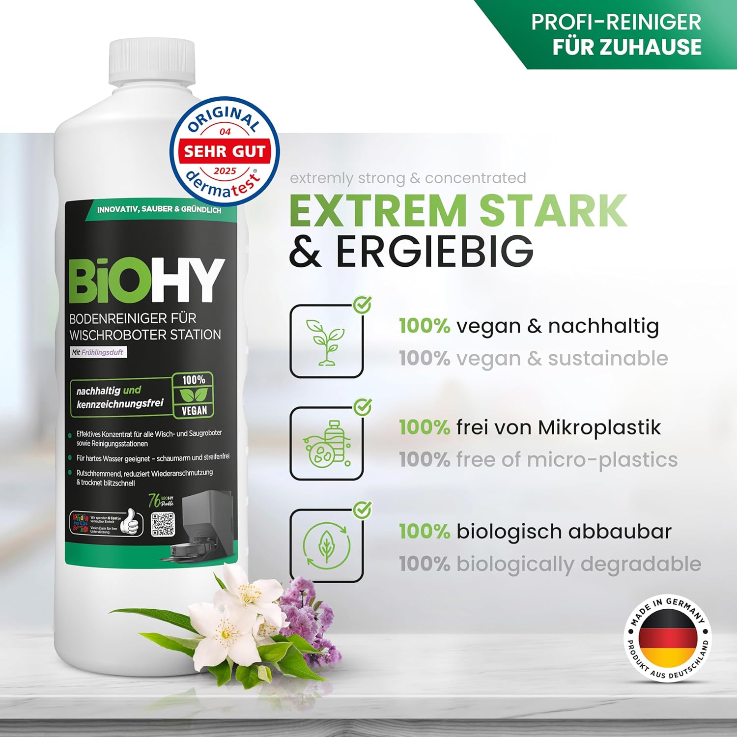 Detalle de BiOHY Bodenreiniger für Wischroboter Station – 1 l mit Frühlingsduft, schaumarm und streifenfrei