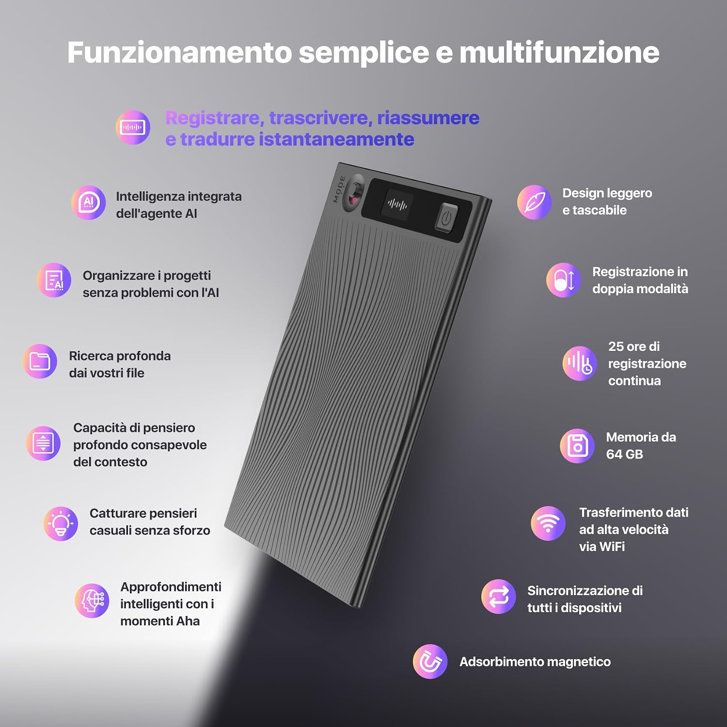 Detalle de Mobvoi TicNote registratore vocale digitale AI con 64 GB per riunioni e chiamate