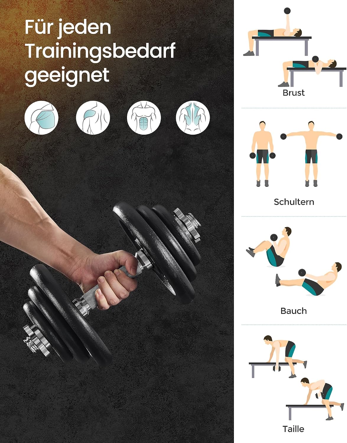 Detalle de SONGMICS verstellbares Hantelset aus Gusseisen (2 x 20 kg) für Krafttraining zuhause