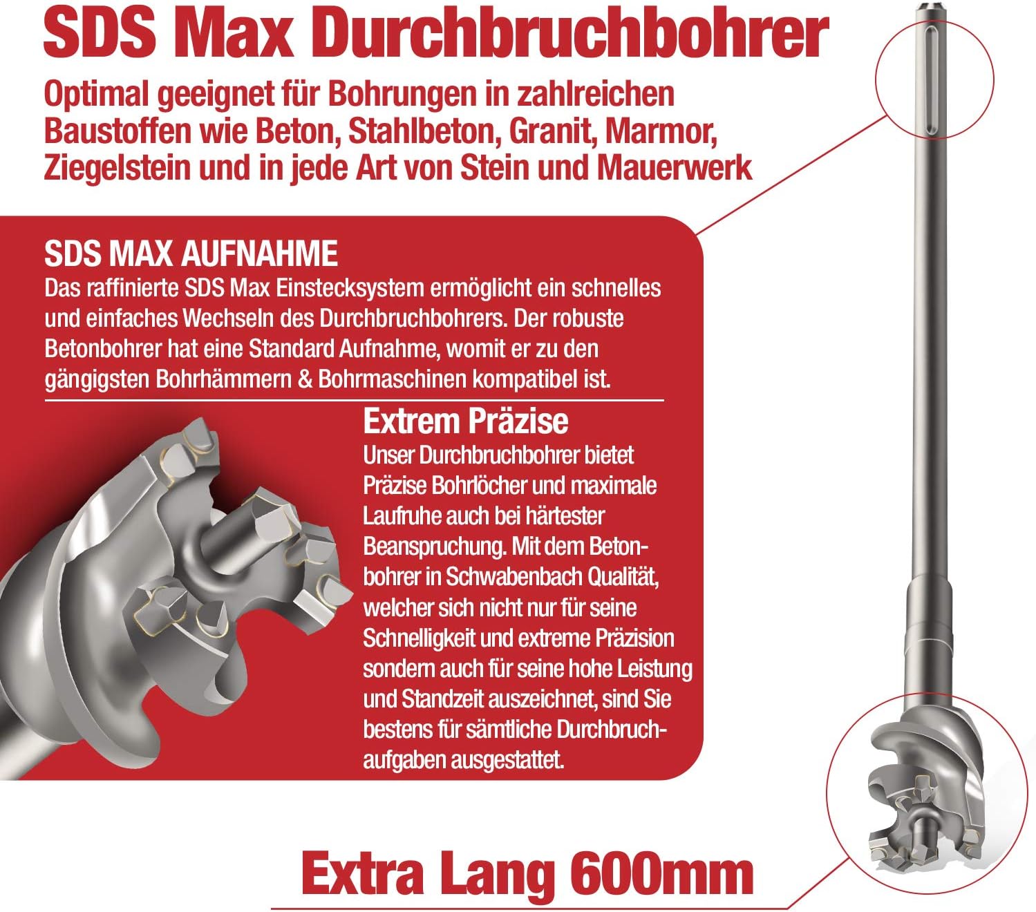 Thumbnail 3 de SCHWABENBACH Punta SDS Max 65mm x 600mm – Punta trapano 4 taglienti per calcestruzzo armato, lunghezza utile 480mm