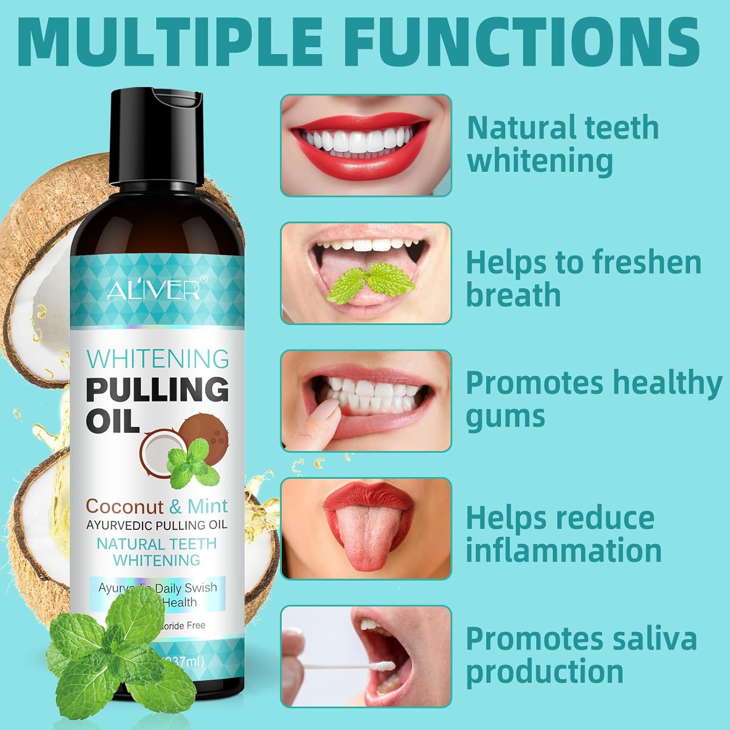 Detalle de Olio di Cocco per Denti 237 ml – Pulling Oil con raschietto per la lingua, set 3 in 1