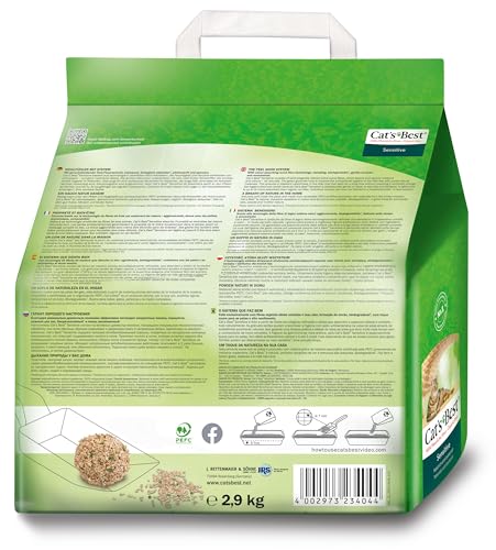 Detalle de Cat's Best Sensitive: 100 % pflanzliche Katzenstreu, fest klumpend und antibakteriell aus veredelten Aktiv-Holzfasern