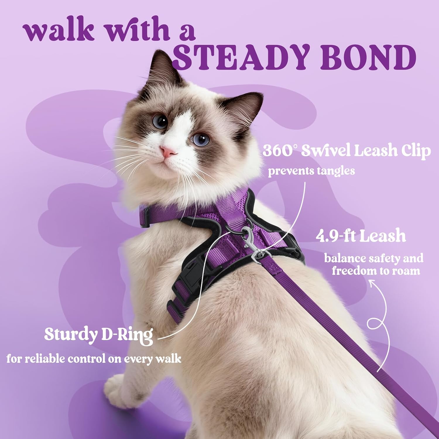 Detalle de rabbitgoo Cat Harness and Lead Set (XXS, Purple) – Escape-Proof and Reflective for Kittens and Small Cats