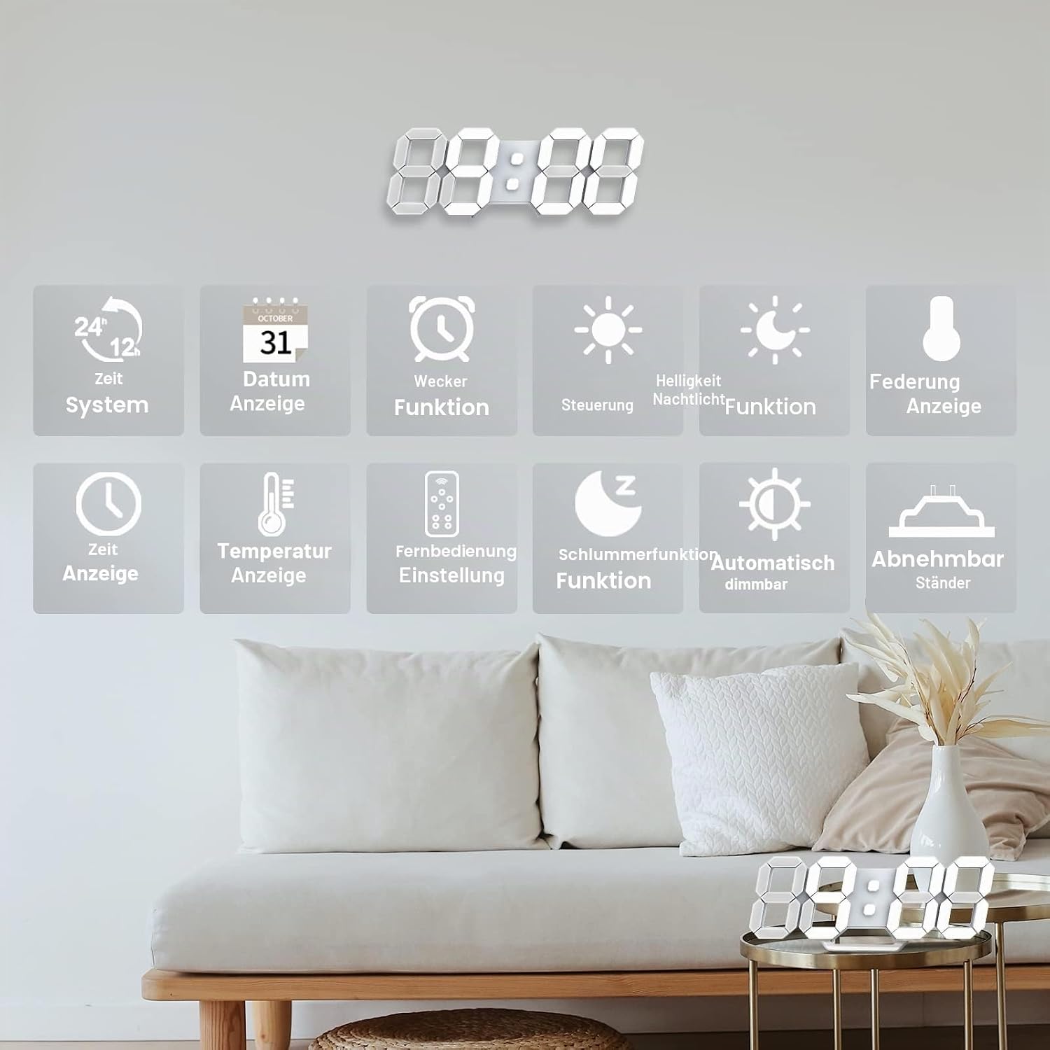 Detalle 2 de Deeyaple LED Wanduhr Digital Wecker 3D – dimmbar, Snooze, Fernbedienung, 25 cm