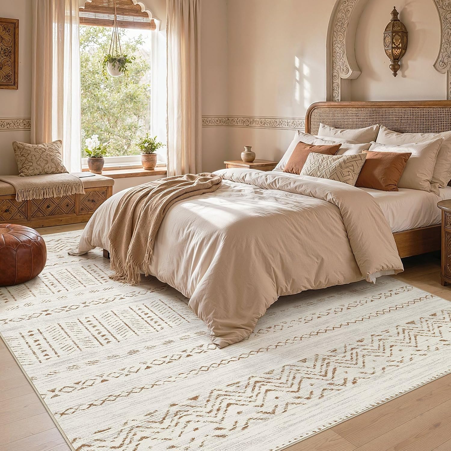 Thumbnail 4 de cotiled Y24006A Boho Area Rug, 10' x 14', Washable Brown/Cream