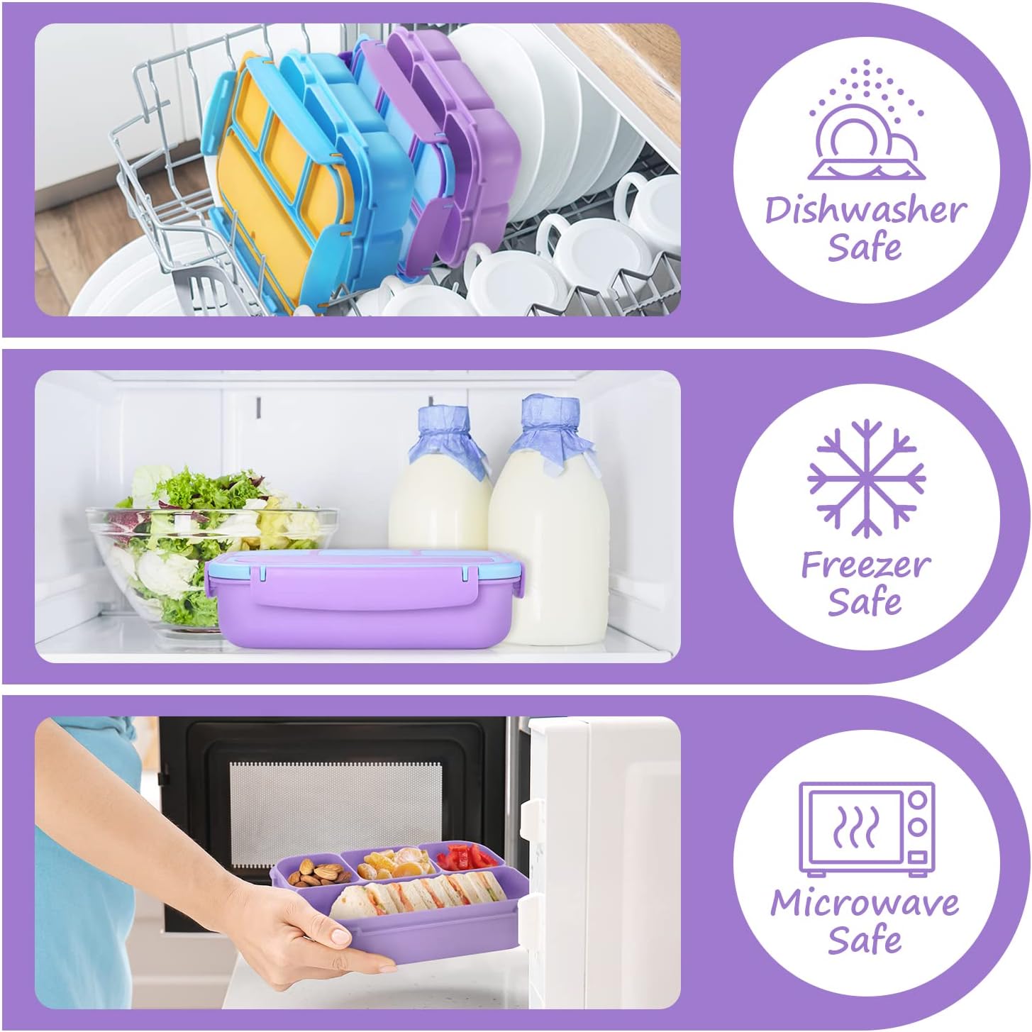 Detalle de QQKO Bento Lunch Box for Kids — 4-Compartment Lunch Container with Accessories, Purple