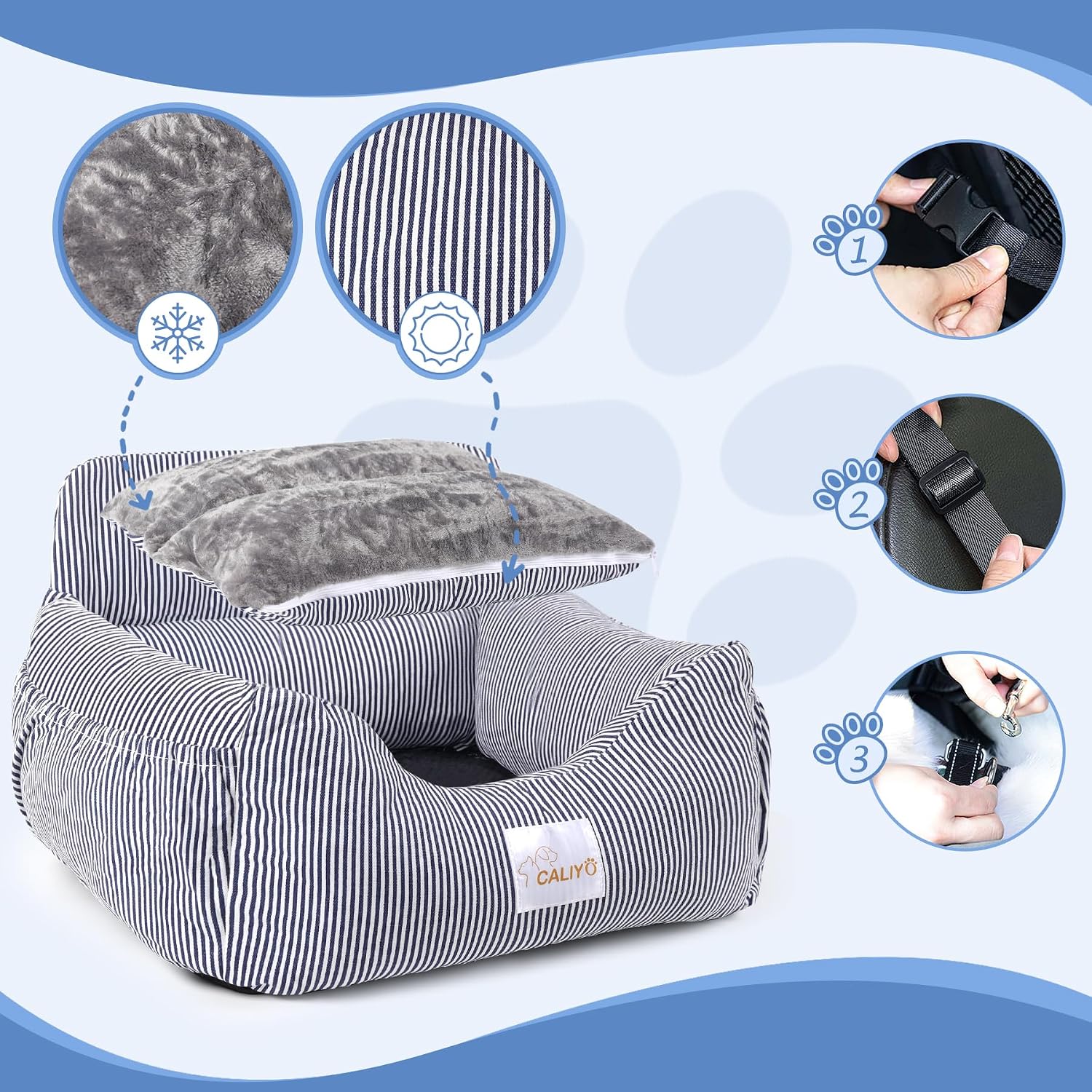 Thumbnail 3 de CALIYO Hundeautositz mit stabiler Basis, Sicherheitsgurt & Memory-Foamauflage (blau/weiß) – für Hunde bis 10 kg