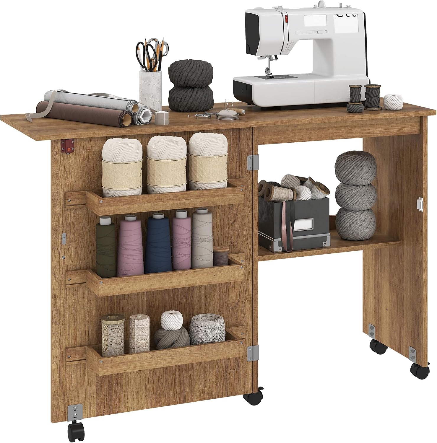 Detalle de HOMCOM L10-002V80BN opvouwbare naaitafel met opklapbaar blad en opbergruimte