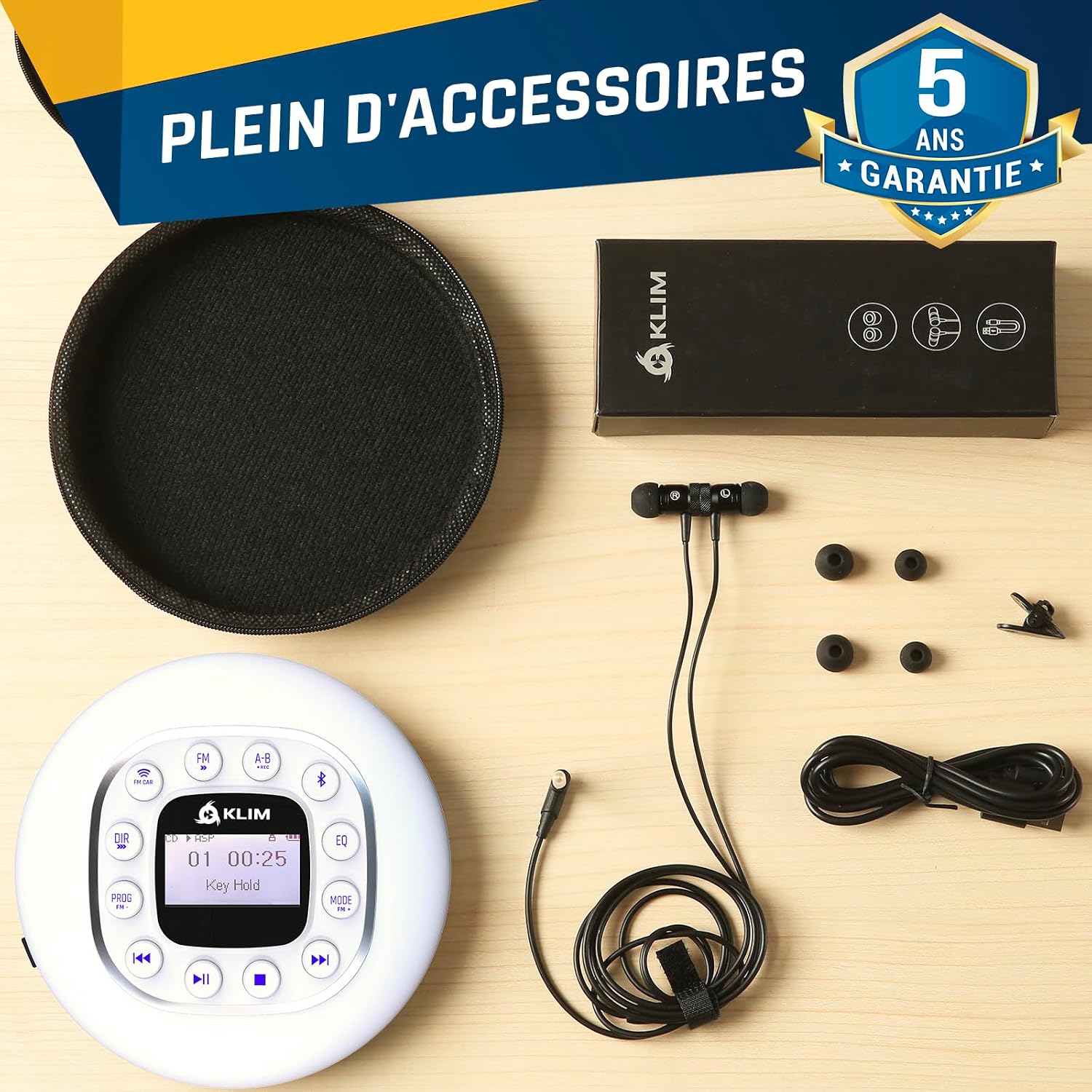 Detalle 2 de KLIM Journey : lecteur CD portable Walkman blanc avec Bluetooth, radio FM et batterie