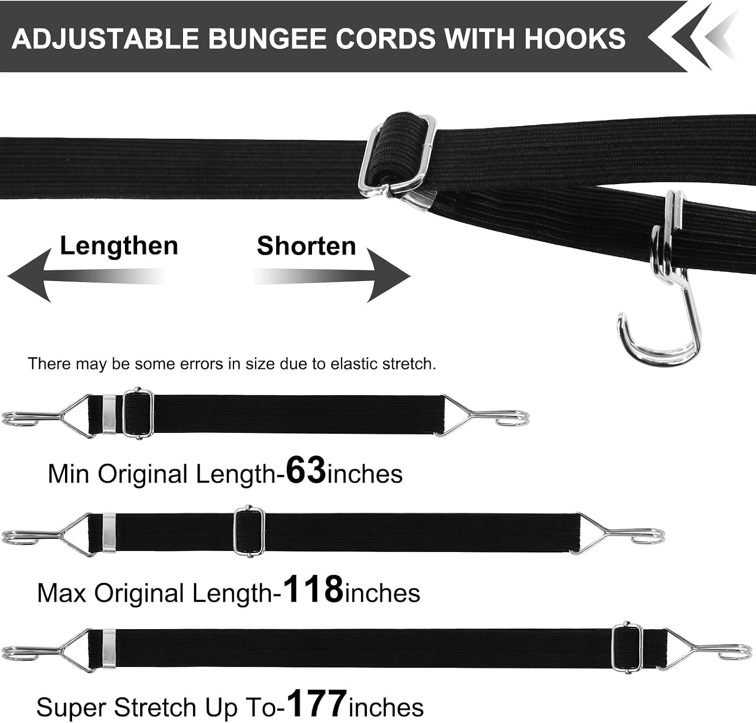 Thumbnail 1 de Newthinking 4 Pack Adjustable Bungee Cords with Hooks (Flat, Heavy Duty, Black, 3m)