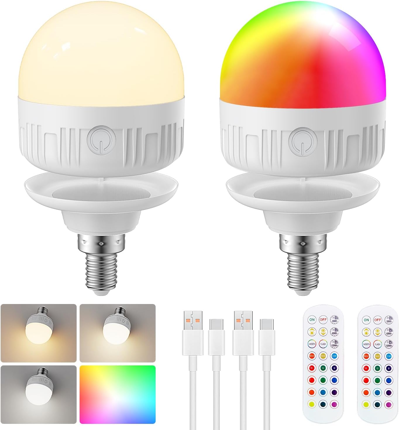 Detalle de LGMCF E14 wiederaufladbare Akku-Glühbirne mit Fernbedienung (2er-Set), 8 W, dimmbar, RGB & 3 Farben