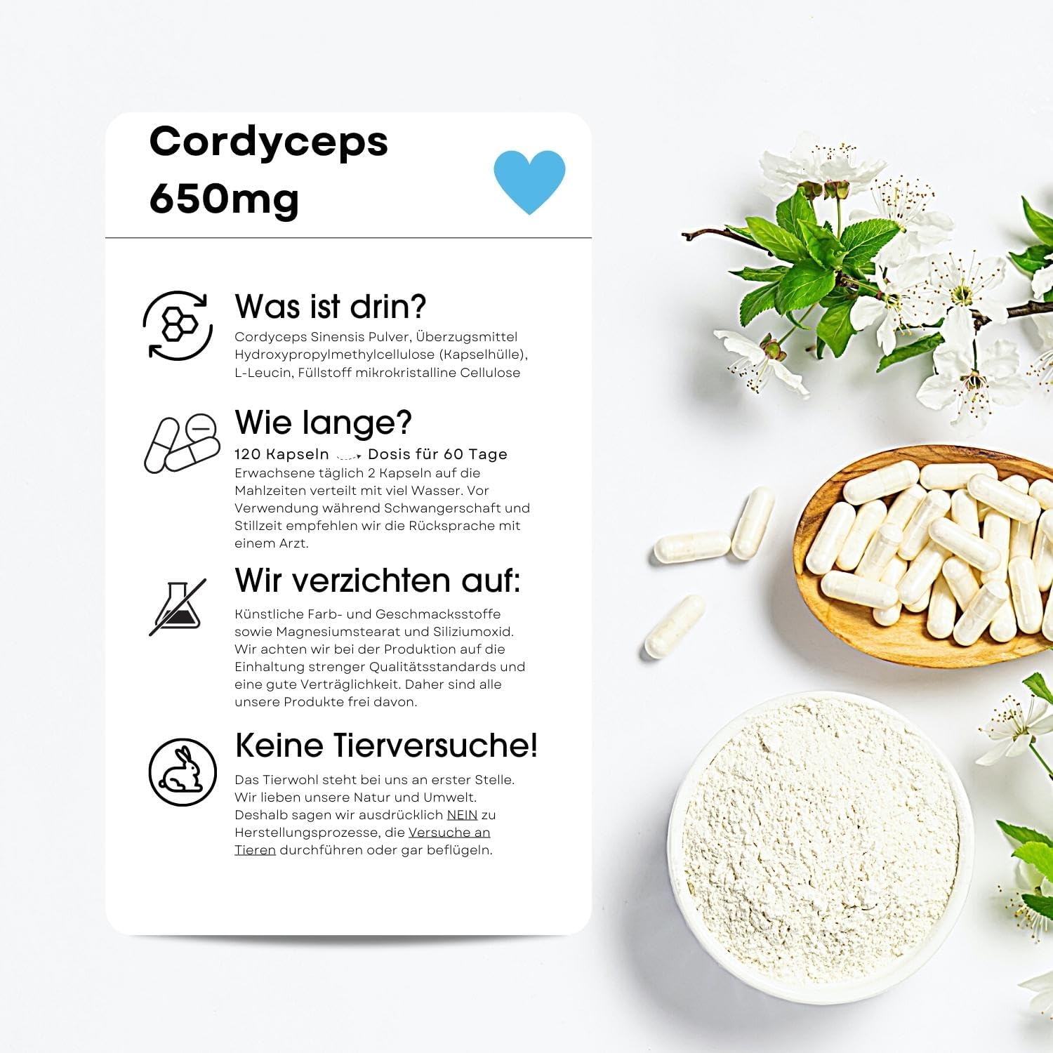 Detalle de Fair & Pure Cordyceps 650mg, 120 Kapseln – veganes Nahrungsergänzungsmittel ohne Zusätze, hergestellt in Deutschland
