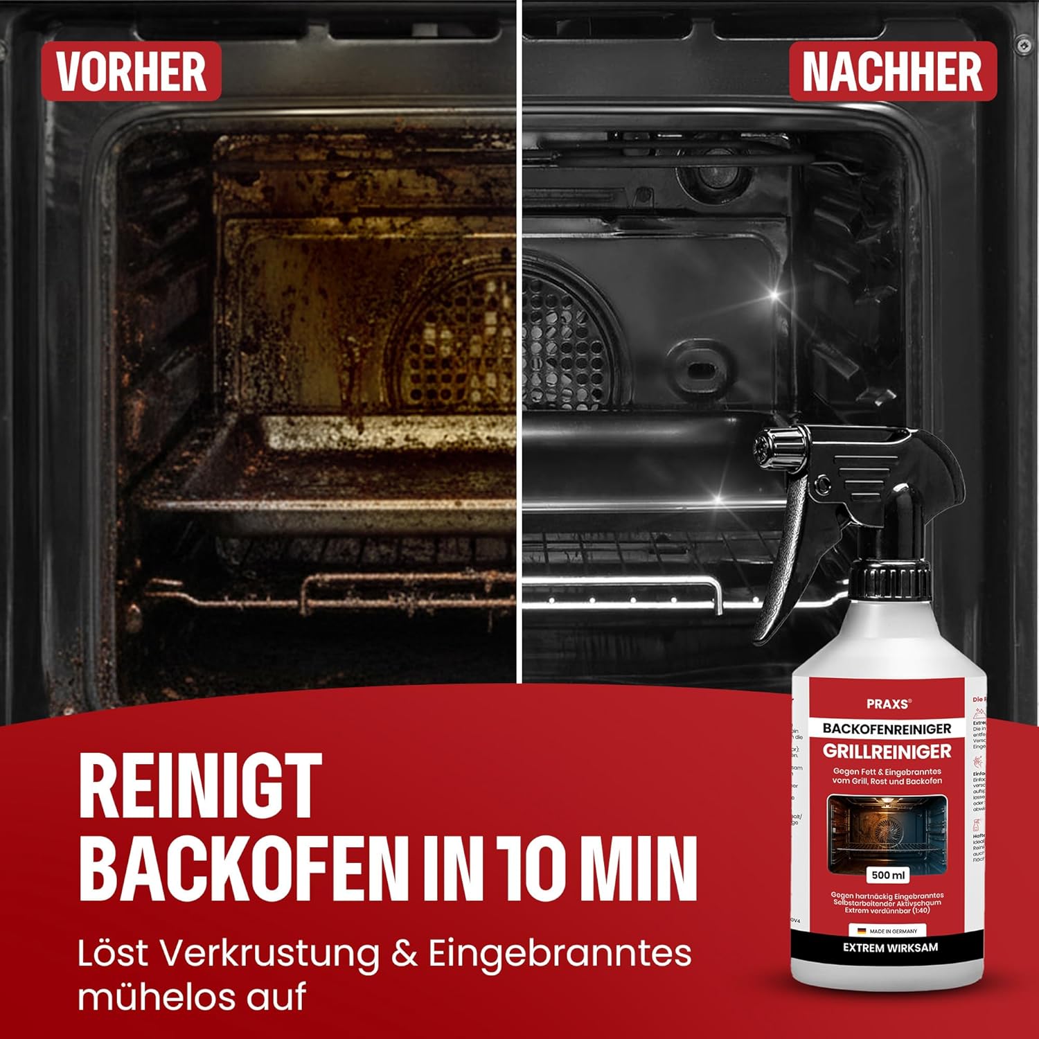 Detalle de PRAXS Backofenreiniger & Grillreiniger Konzentrat (500 ml) – Aktivschaum, wirksam in 10 Minuten