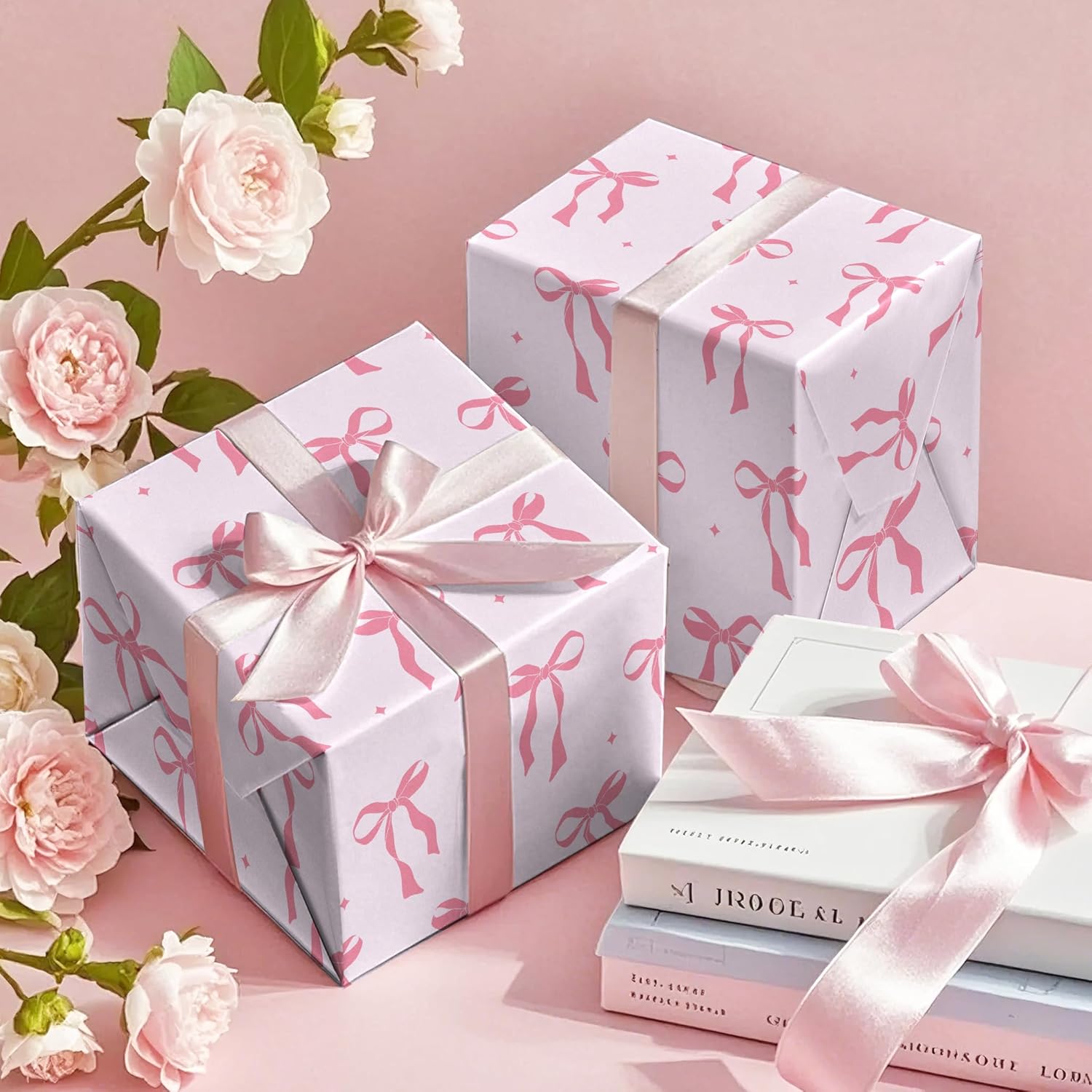 Detalle de RUSPEPA Pink Bow Wrapping Paper Roll – Mini Roll (43.2cm x 5m) with Pink Ribbon Bow Design
