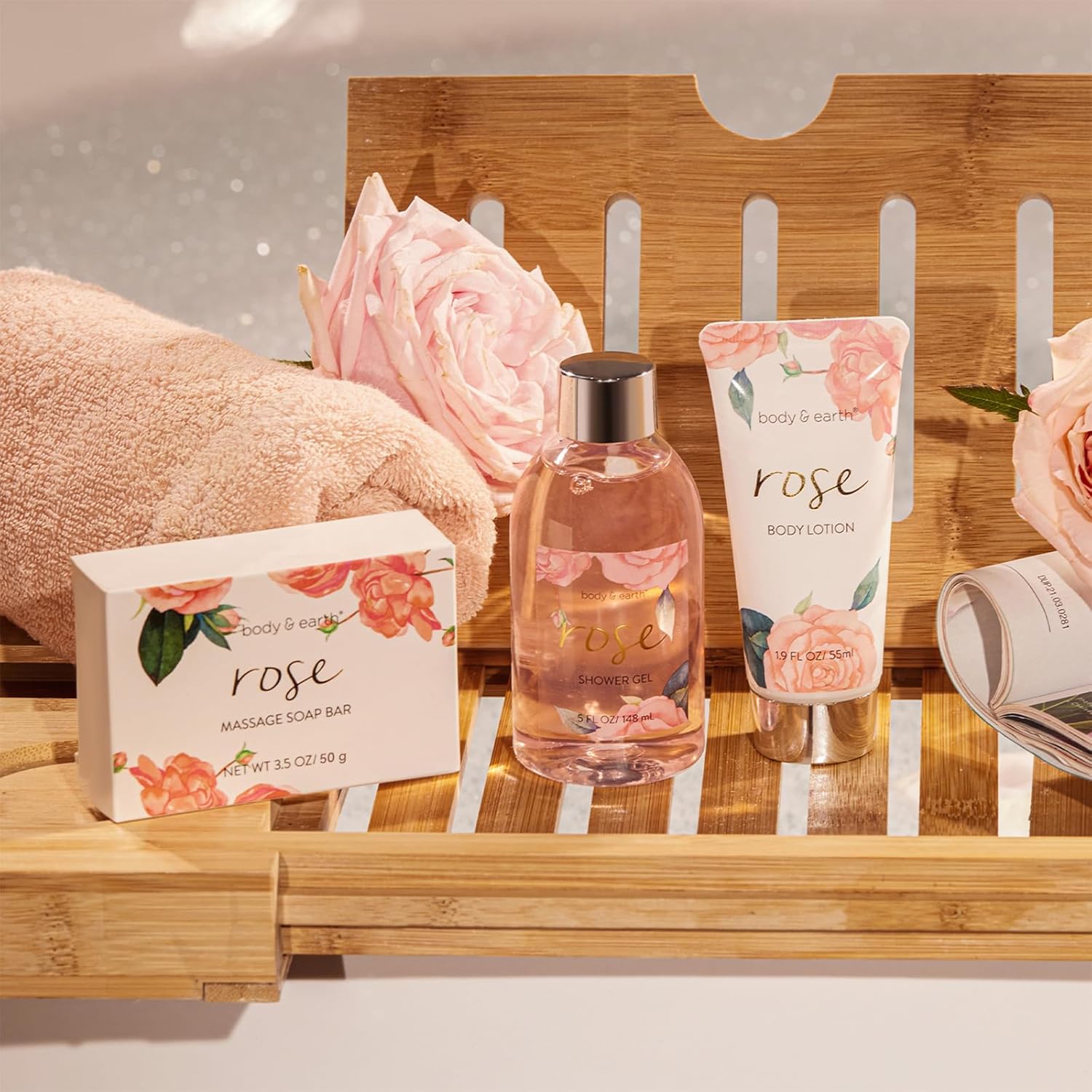 Detalle de BODY & EARTH Geschenbox für Frauen – 5-tlg. Rose Set (Duschgel, Körperbutter, Handcreme, Bodylotion, Seife)