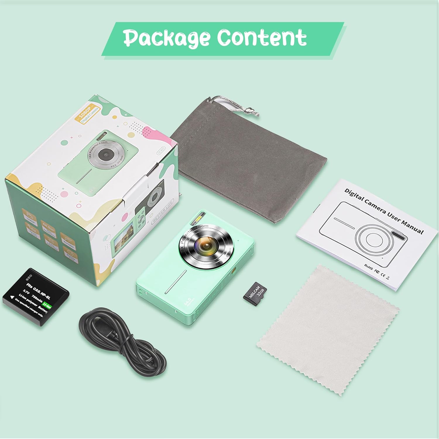 Thumbnail 6 de Appareil Photo Numérique 1080P 44MP Caméra Vlogging pour Enfants et Ados – Vert