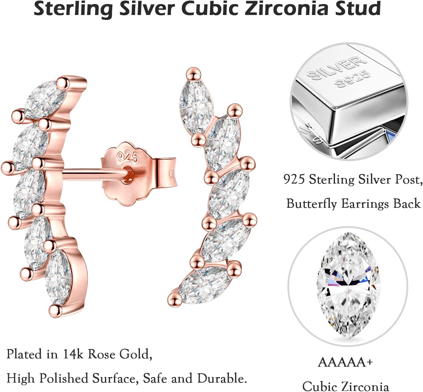 Detalle de EPIRORA 5 CZ Silver Climber Earrings for Women – Curved Leaf Cluster
