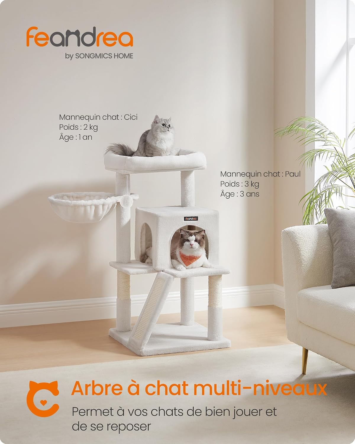 Detalle de Feandrea Arbre à Chat, Tour de Jeux Grand Plate-Forme Blanc Crème PCT051T01