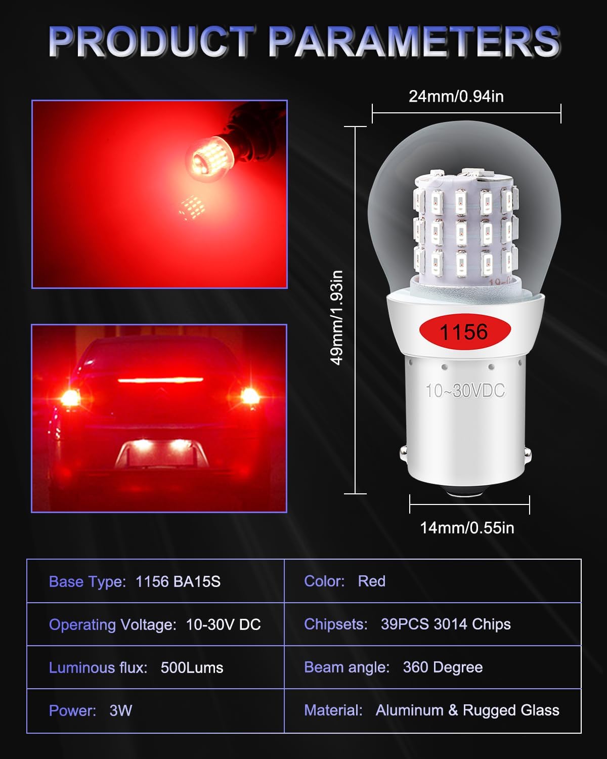 Thumbnail 1 de Alopee 1156 P21W BA15S red brake LED bulbs (3014 39 SMD) for third brake light