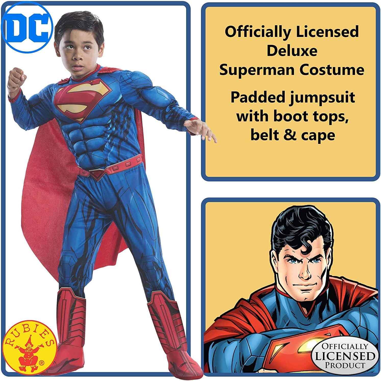 Thumbnail 4 de Rubies Boy's Superman Deluxe Costume, Padded Jumpsuit with Removable Cape