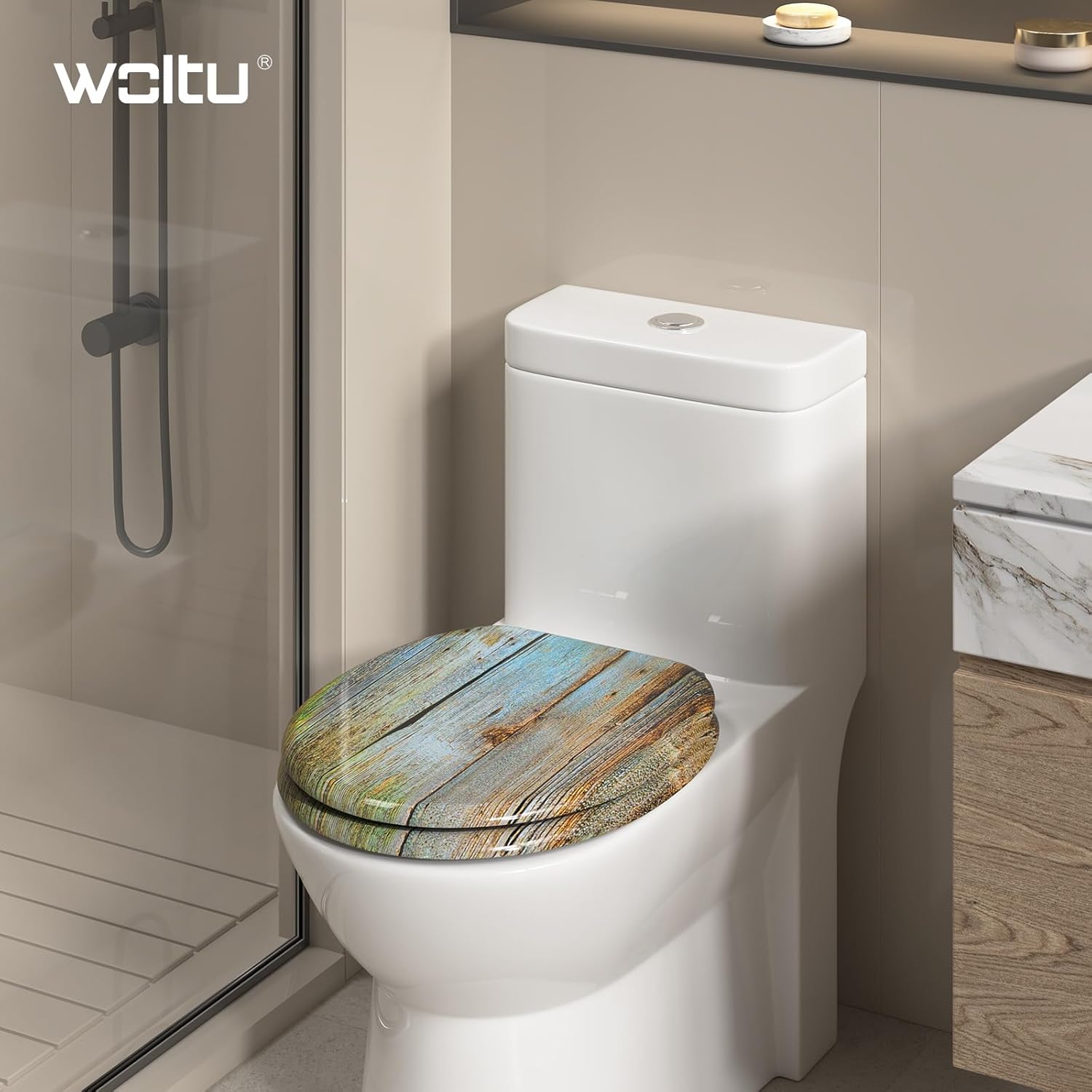 Detalle 2 de WOLTU Premium WC-Sitz mit Absenkautomatik – MDF Holzkern, Softclose, Oval
