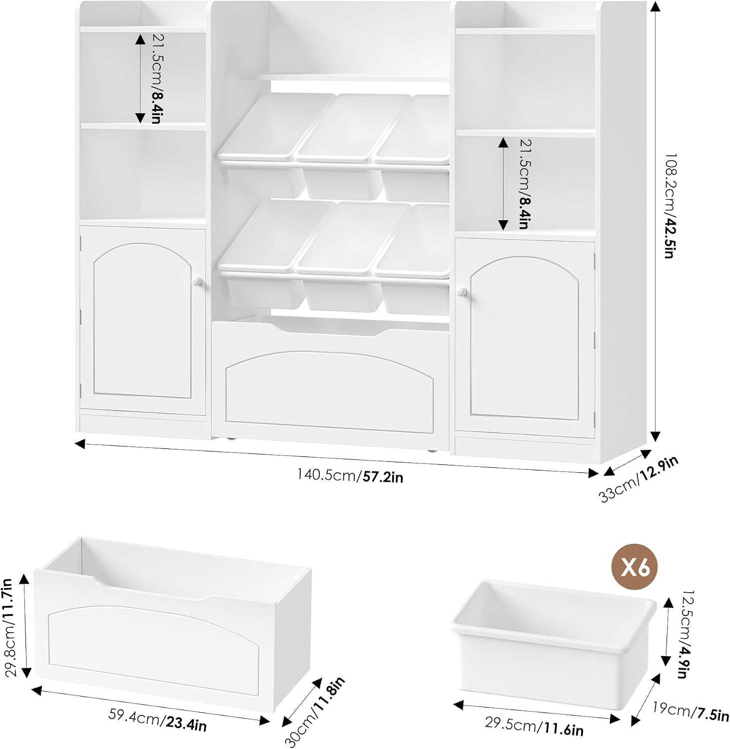 Detalle de FOREHILL P793 regał dziecięcy z 6 pojemnikami, drzwiami i szufladą, biały
