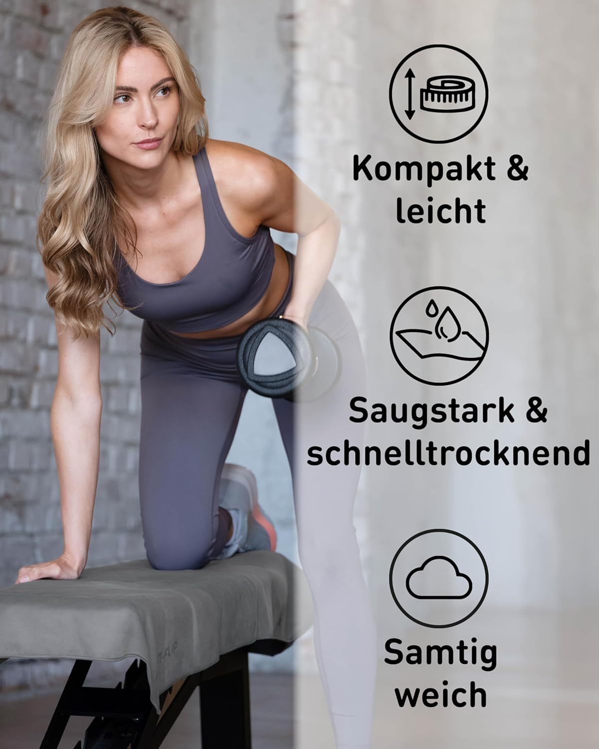Detalle 2 de Fit-Flip Fitness Handtuch aus Mikrofaser mit Magnet-Clip und Reißverschluss-Tasche
