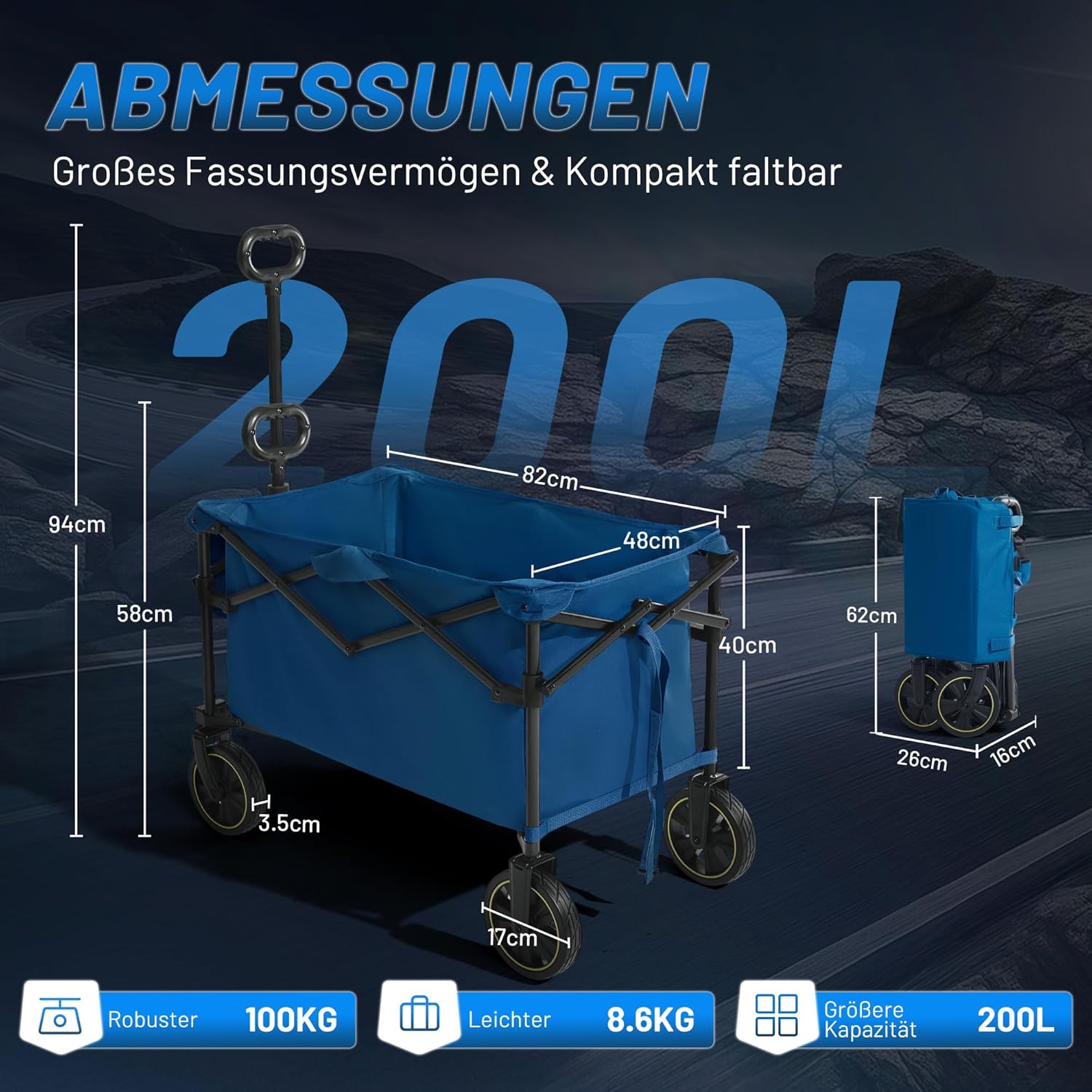 Thumbnail 2 de TIMBER RIDGE Bollerwagen faltbar 200L mit Getränkehalter, verstellbarem Griff und 100 kg Traglast