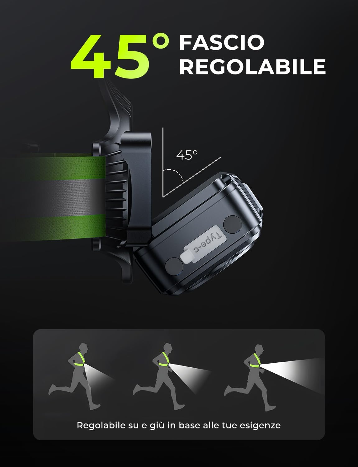 Detalle de Rolgno Luce Running con Strisce Riflettenti, 500 Lumen – USB ricaricabile, 7 modalità, 45° regolabile, IPX4