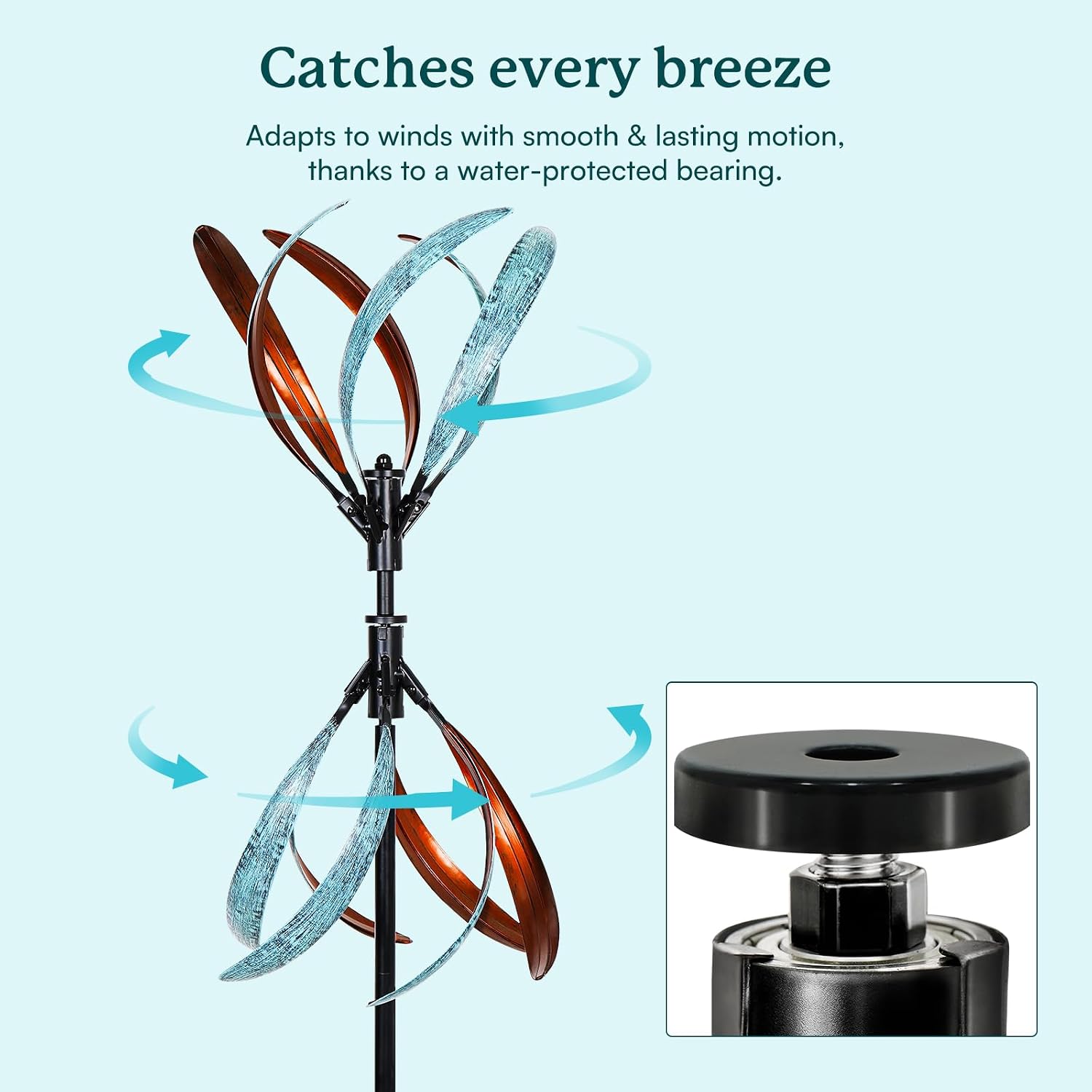 Detalle de Cyan Oasis Metal Wind Spinner, Copper and Teal, Adjustable 56 or 70.5-Inch Height